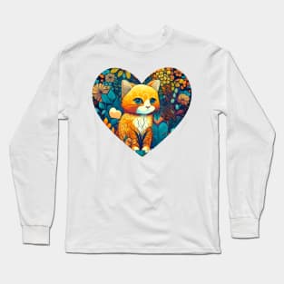 Floral Cat Botanical Plant Flower Cat Lover With Heart Long Sleeve T-Shirt